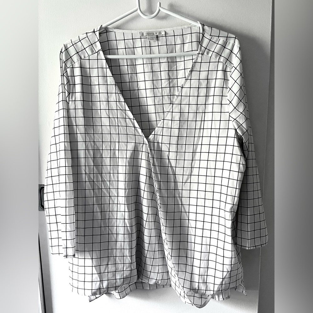 Cooper & Ella Faux Wrap Black and White Checkered Blouse